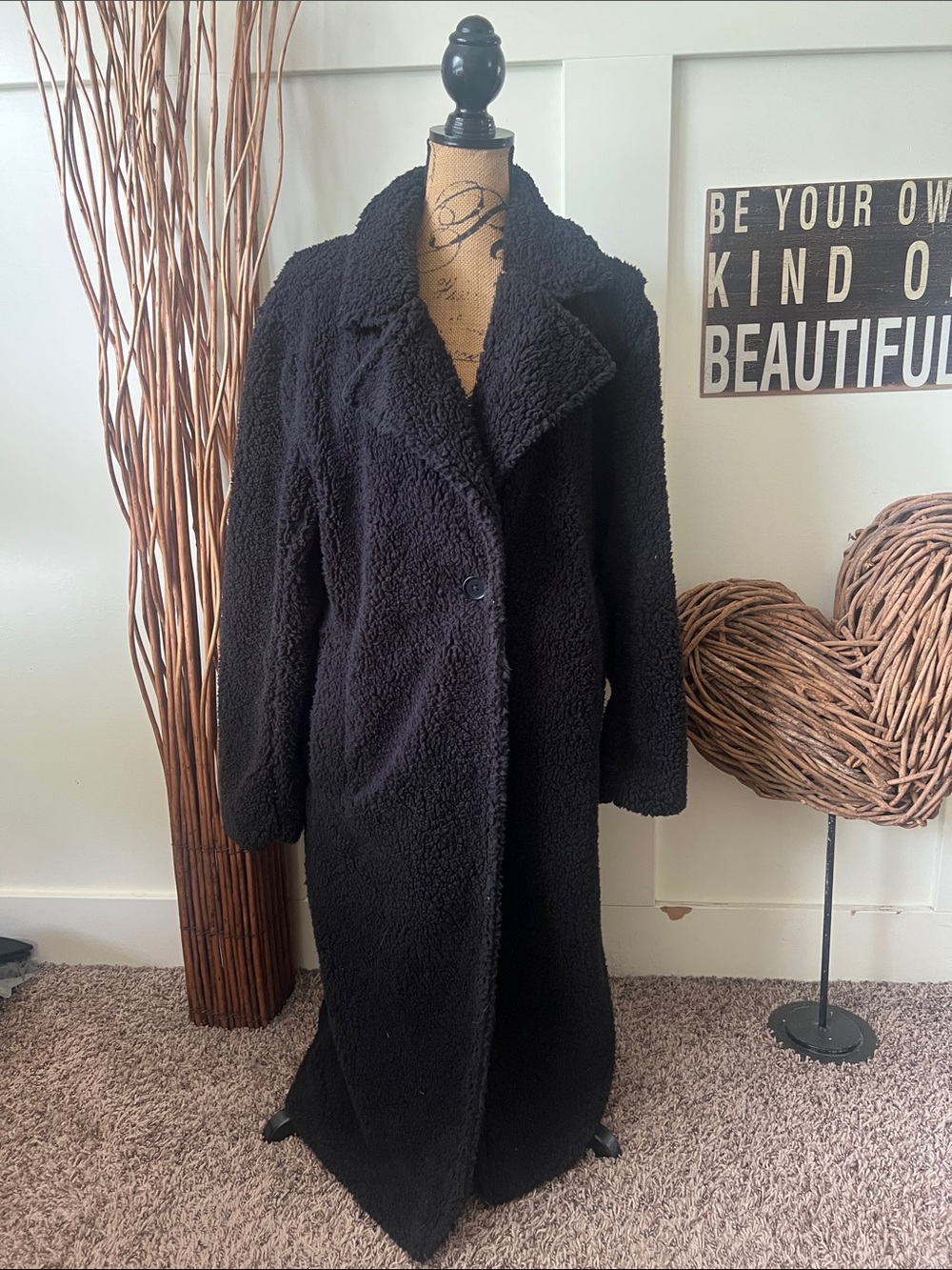 Women's Black Teddy Long Coat - Plush Button-Front Jacket